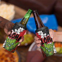 Hawaiian Halloween 4 in 1 Can Cooler Tumbler Horror Shaka Hand with Plumeria and Polynesian Tattoo Blood Color