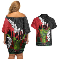 Hawaiian Halloween Couples Matching Off Shoulder Short Dress and Hawaiian Shirt Horror Shaka Hand with Plumeria and Polynesian Tattoo Blood Color
