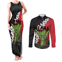 Hawaiian Halloween Couples Matching Tank Maxi Dress and Long Sleeve Button Shirt Horror Shaka Hand with Plumeria and Polynesian Tattoo Blood Color