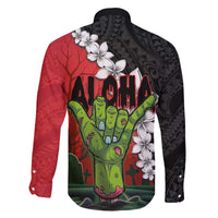 Hawaiian Halloween Family Matching Puletasi and Hawaiian Shirt Horror Shaka Hand with Plumeria and Polynesian Tattoo Blood Color