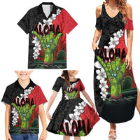 Hawaiian Halloween Family Matching Summer Maxi Dress and Hawaiian Shirt Horror Shaka Hand with Plumeria and Polynesian Tattoo Blood Color LT03 - Polynesian Pride