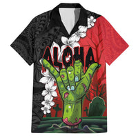 Hawaiian Halloween Family Matching Summer Maxi Dress and Hawaiian Shirt Horror Shaka Hand with Plumeria and Polynesian Tattoo Blood Color LT03 Dad's Shirt - Short Sleeve Red - Polynesian Pride