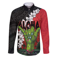Hawaiian Halloween Family Matching Summer Maxi Dress and Hawaiian Shirt Horror Shaka Hand with Plumeria and Polynesian Tattoo Blood Color LT03 Dad's Shirt - Long Sleeve Red - Polynesian Pride