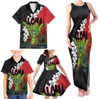 Hawaiian Halloween Family Matching Tank Maxi Dress and Hawaiian Shirt Horror Shaka Hand with Plumeria and Polynesian Tattoo Blood Color