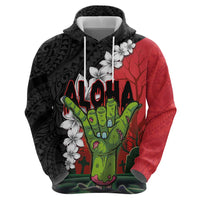 Hawaiian Halloween Hoodie Horror Shaka Hand with Plumeria and Polynesian Tattoo Blood Color