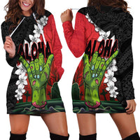 Hawaiian Halloween Hoodie Dress Horror Shaka Hand with Plumeria and Polynesian Tattoo Blood Color