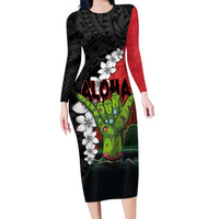 Hawaiian Halloween Long Sleeve Bodycon Dress Horror Shaka Hand with Plumeria and Polynesian Tattoo Blood Color