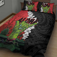 Hawaiian Halloween Quilt Bed Set Horror Shaka Hand with Plumeria and Polynesian Tattoo Blood Color
