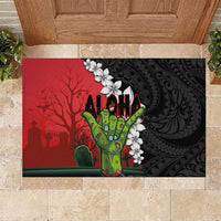 Hawaiian Halloween Rubber Doormat Horror Shaka Hand with Plumeria and Polynesian Tattoo Blood Color