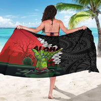 Hawaiian Halloween Sarong Horror Shaka Hand with Plumeria and Polynesian Tattoo Blood Color