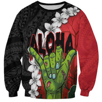 Hawaiian Halloween Sweatshirt Horror Shaka Hand with Plumeria and Polynesian Tattoo Blood Color LT03 Unisex Red - Polynesian Pride