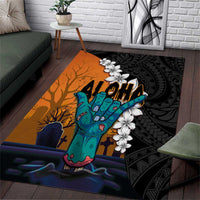 Hawaiian Halloween Area Rug Horror Shaka Hand with Plumeria and Polynesian Tattoo Autumn Color