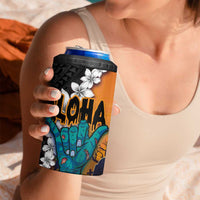 Hawaiian Halloween 4 in 1 Can Cooler Tumbler Horror Shaka Hand with Plumeria and Polynesian Tattoo Autumn Color
