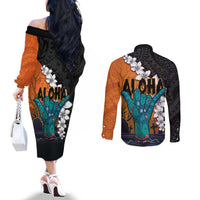 Hawaiian Halloween Couples Matching Off The Shoulder Long Sleeve Dress and Long Sleeve Button Shirt Horror Shaka Hand with Plumeria and Polynesian Tattoo Autumn Color