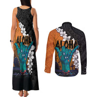 Hawaiian Halloween Couples Matching Tank Maxi Dress and Long Sleeve Button Shirt Horror Shaka Hand with Plumeria and Polynesian Tattoo Autumn Color