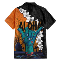 Hawaiian Halloween Family Matching Long Sleeve Bodycon Dress and Hawaiian Shirt Horror Shaka Hand with Plumeria and Polynesian Tattoo Autumn Color