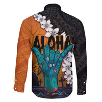Hawaiian Halloween Family Matching Off Shoulder Short Dress and Hawaiian Shirt Horror Shaka Hand with Plumeria and Polynesian Tattoo Autumn Color