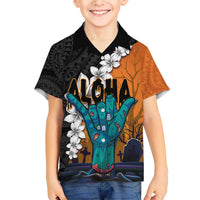 Hawaiian Halloween Family Matching Short Sleeve Bodycon Dress and Hawaiian Shirt Horror Shaka Hand with Plumeria and Polynesian Tattoo Autumn Color