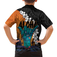 Hawaiian Halloween Kid Hawaiian Shirt Horror Shaka Hand with Plumeria and Polynesian Tattoo Autumn Color