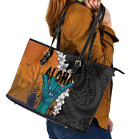 Hawaiian Halloween Leather Tote Bag Horror Shaka Hand with Plumeria and Polynesian Tattoo Autumn Color