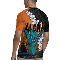 Hawaiian Halloween Rugby Jersey Horror Shaka Hand with Plumeria and Polynesian Tattoo Autumn Color
