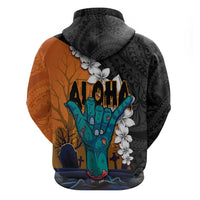 Hawaiian Halloween Zip Hoodie Horror Shaka Hand with Plumeria and Polynesian Tattoo Autumn Color