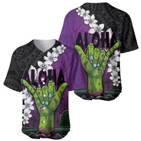 Hawaiian Halloween Baseball Jersey Horror Shaka Hand with Plumeria and Polynesian Tattoo Midnight Color LT03 - Polynesian Pride