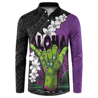 Hawaiian Halloween Button Sweatshirt Horror Shaka Hand with Plumeria and Polynesian Tattoo Midnight Color
