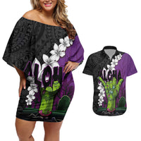 Hawaiian Halloween Couples Matching Off Shoulder Short Dress and Hawaiian Shirt Horror Shaka Hand with Plumeria and Polynesian Tattoo Midnight Color