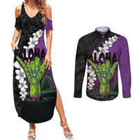 Hawaiian Halloween Couples Matching Summer Maxi Dress and Long Sleeve Button Shirt Horror Shaka Hand with Plumeria and Polynesian Tattoo Midnight Color
