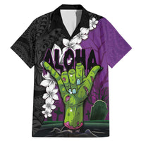 Hawaiian Halloween Family Matching Mermaid Dress and Hawaiian Shirt Horror Shaka Hand with Plumeria and Polynesian Tattoo Midnight Color