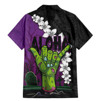 Hawaiian Halloween Family Matching Mermaid Dress and Hawaiian Shirt Horror Shaka Hand with Plumeria and Polynesian Tattoo Midnight Color