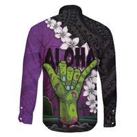 Hawaiian Halloween Family Matching Puletasi and Hawaiian Shirt Horror Shaka Hand with Plumeria and Polynesian Tattoo Midnight Color