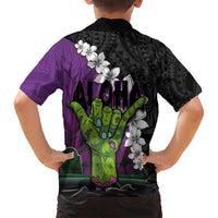 Hawaiian Halloween Family Matching Summer Maxi Dress and Hawaiian Shirt Horror Shaka Hand with Plumeria and Polynesian Tattoo Midnight Color