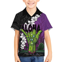 Hawaiian Halloween Family Matching Summer Maxi Dress and Hawaiian Shirt Horror Shaka Hand with Plumeria and Polynesian Tattoo Midnight Color