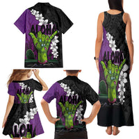 Hawaiian Halloween Family Matching Tank Maxi Dress and Hawaiian Shirt Horror Shaka Hand with Plumeria and Polynesian Tattoo Midnight Color