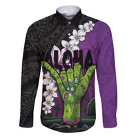 Hawaiian Halloween Family Matching Tank Maxi Dress and Hawaiian Shirt Horror Shaka Hand with Plumeria and Polynesian Tattoo Midnight Color