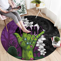 Hawaiian Halloween Round Carpet Horror Shaka Hand with Plumeria and Polynesian Tattoo Midnight Color LT03 - Polynesian Pride