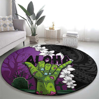 Hawaiian Halloween Round Carpet Horror Shaka Hand with Plumeria and Polynesian Tattoo Midnight Color LT03 - Polynesian Pride