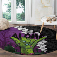 Hawaiian Halloween Round Carpet Horror Shaka Hand with Plumeria and Polynesian Tattoo Midnight Color LT03 - Polynesian Pride