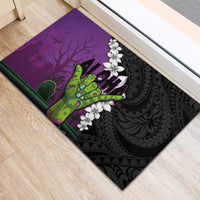 Hawaiian Halloween Rubber Doormat Horror Shaka Hand with Plumeria and Polynesian Tattoo Midnight Color