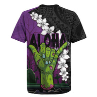 Hawaiian Halloween Rugby Jersey Horror Shaka Hand with Plumeria and Polynesian Tattoo Midnight Color