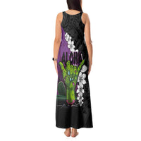 Hawaiian Halloween Tank Maxi Dress Horror Shaka Hand with Plumeria and Polynesian Tattoo Midnight Color