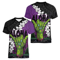 Hawaiian Halloween Women V-Neck T-Shirt Horror Shaka Hand with Plumeria and Polynesian Tattoo Midnight Color LT03 - Polynesian Pride