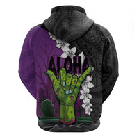 Hawaiian Halloween Zip Hoodie Horror Shaka Hand with Plumeria and Polynesian Tattoo Midnight Color