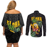 Hawaiian Halloween Couples Matching Off Shoulder Short Dress and Long Sleeve Button Shirt Aloha Pinapple with Mysterious Hands and Polynesian Tribal Tattoo