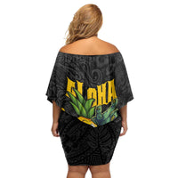 Hawaiian Halloween Family Matching Off Shoulder Short Dress and Hawaiian Shirt Aloha Pinapple with Mysterious Hands and Polynesian Tribal Tattoo