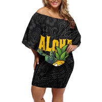 Hawaiian Halloween Off Shoulder Short Dress Aloha Pinapple with Mysterious Hands and Polynesian Tribal Tattoo LT03 Women Black - Polynesian Pride