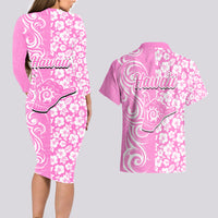 Hawaii Kauai Island Couples Matching Long Sleeve Bodycon Dress and Hawaiian Shirt Hibiscus Pattern Seamless Tribal Simple Pink LT03 - Polynesian Pride