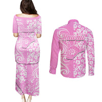 Hawaii Kauai Island Couples Matching Puletasi Dress and Long Sleeve Button Shirts Hibiscus Pattern Seamless Tribal Simple Pink LT03 - Polynesian Pride